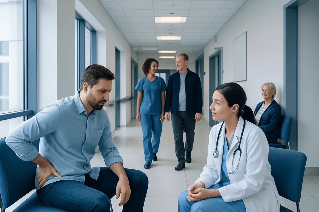 Tailbone Pain Cancer Symptoms Explained: Common Triggers and Red Flags 1 Patient consulting with doctor in hospital corridor.