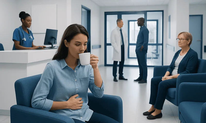 Patient drinking tea in hospital waiting area at Acibadem Hospitals Group.