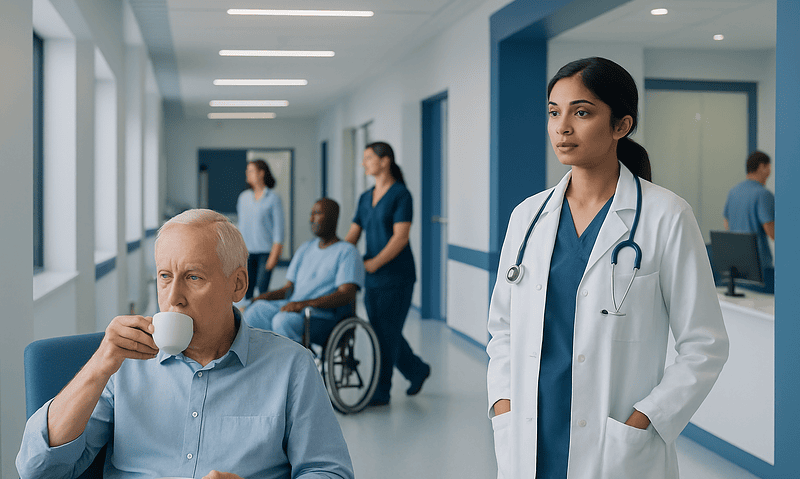 Tea for High Blood Pressure: Normal Ranges, High and Low Results Explained 12 Hospital corridor with medical staff and patients, including a senior man drinking tea.