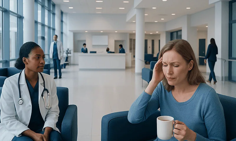 Patient experiencing headache in hospital waiting area with doctor nearby.