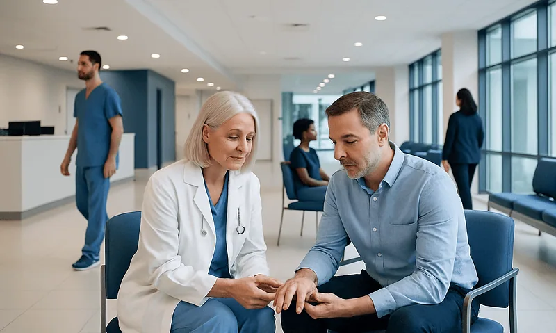 Doctor examining patient's hand in a modern hospital waiting area.
