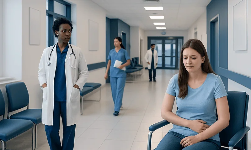 Patient experiencing menstrual cramps in hospital corridor with medical staff nearby.