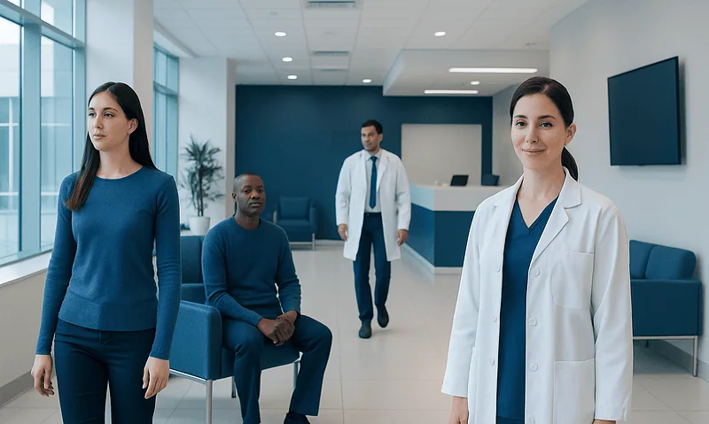 Medical professionals and patients in a modern hospital waiting area.