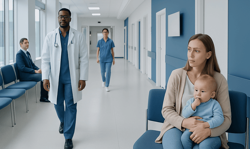 Hospital corridor with a mother and child waiting, doctors walking by.