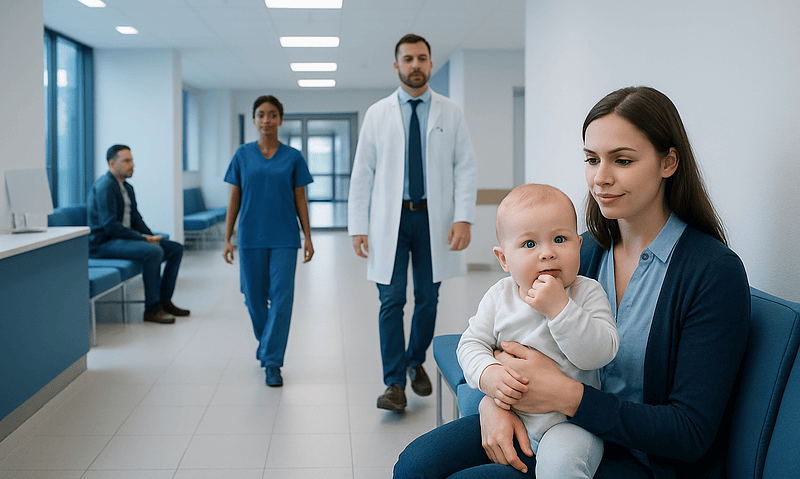 Pediatric patient with mother in hospital corridor at Acibadem Hospitals Group.