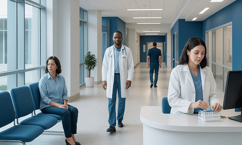 Healthcare professionals and patients in a modern hospital corridor.