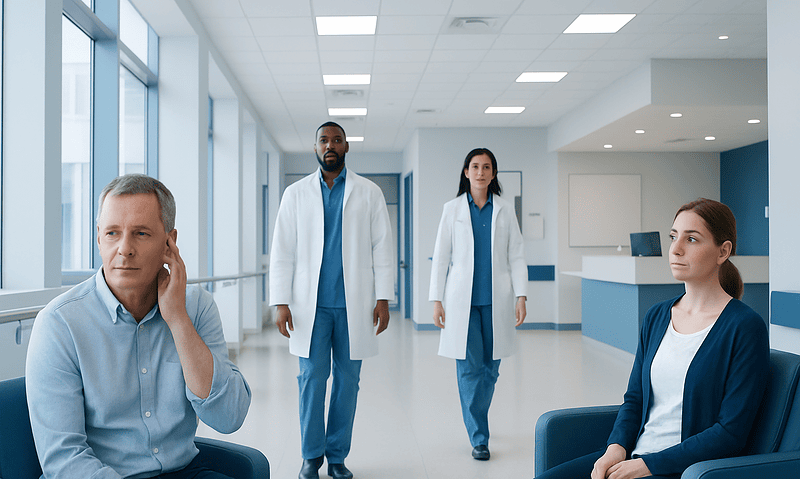 How I Cured My Tinnitus? Here Is What the Evidence Says 7 Patients waiting in a modern hospital corridor with medical staff nearby.