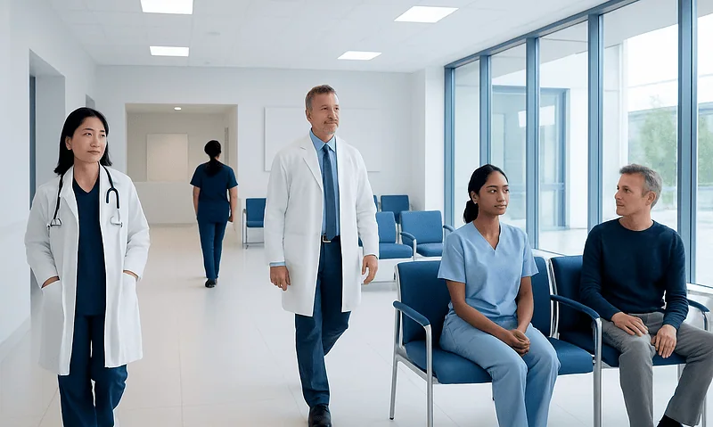 Medical team and patients in a modern hospital waiting area.