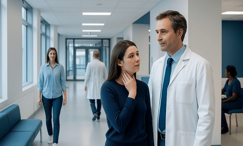 Doctor talking to a woman in a hospital corridor with other staff in the background.