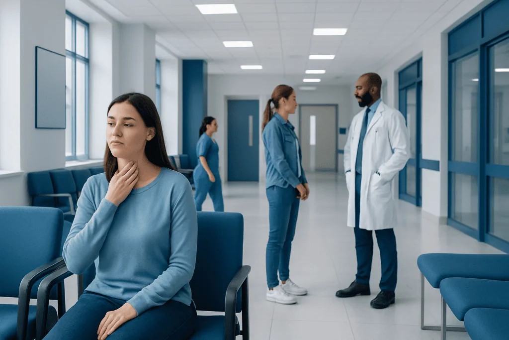 Treat tonsils at home: What Works at Home, What Doesn't, and When to See a Doctor 1 Patient waiting in hospital corridor with medical staff in background.