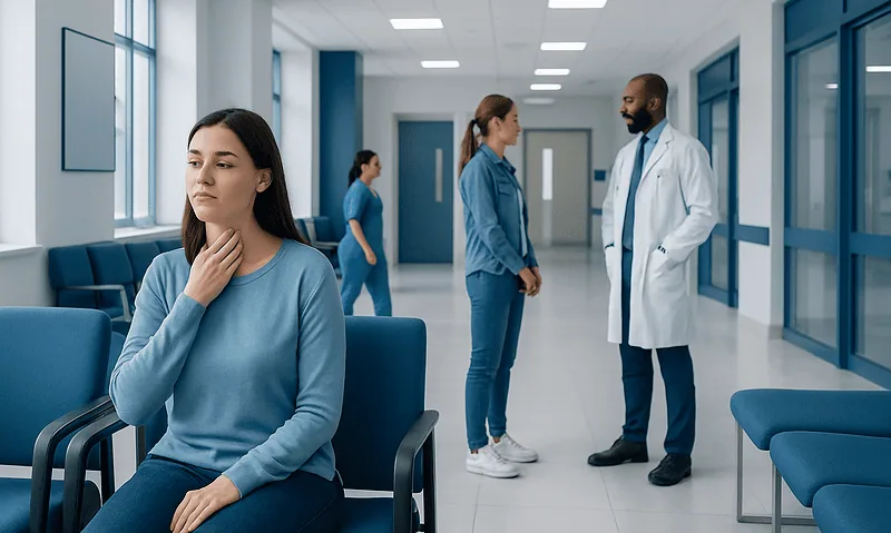 Patient waiting in hospital corridor with medical staff in background.