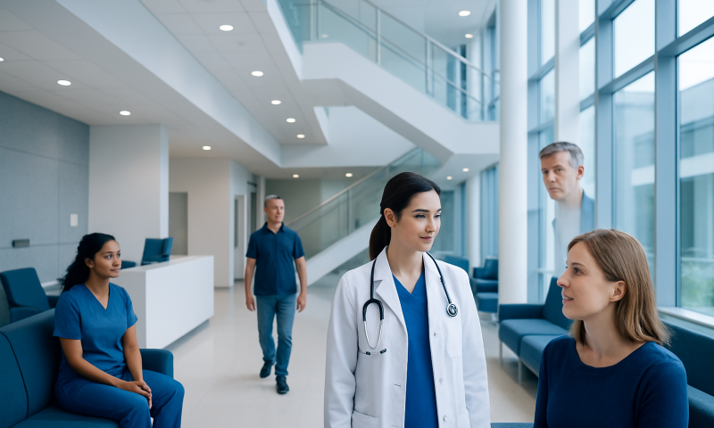 Medical team consulting in a modern hospital lobby with large windows.