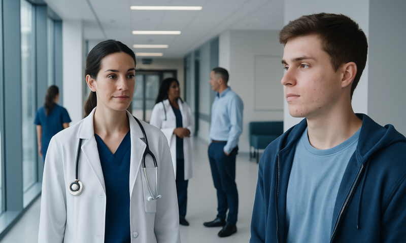 Medical consultation in hospital corridor with doctor and patient.