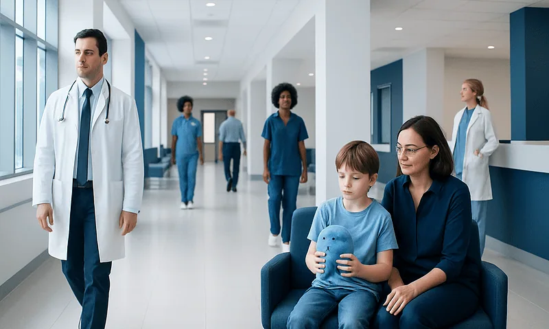 Child holding a stress-relief toy in a hospital waiting area.