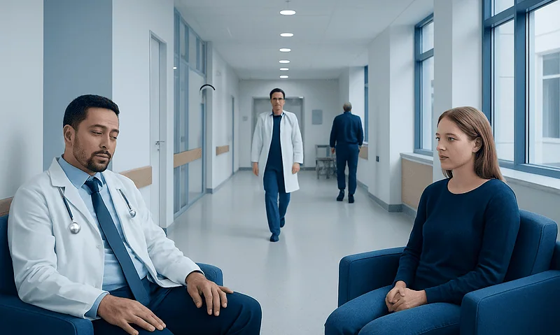 Doctor and patient in hospital corridor during consultation.