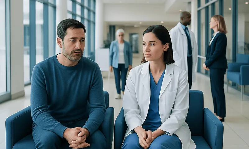 Patient and doctor in hospital waiting area at Acibadem Hospitals Group.