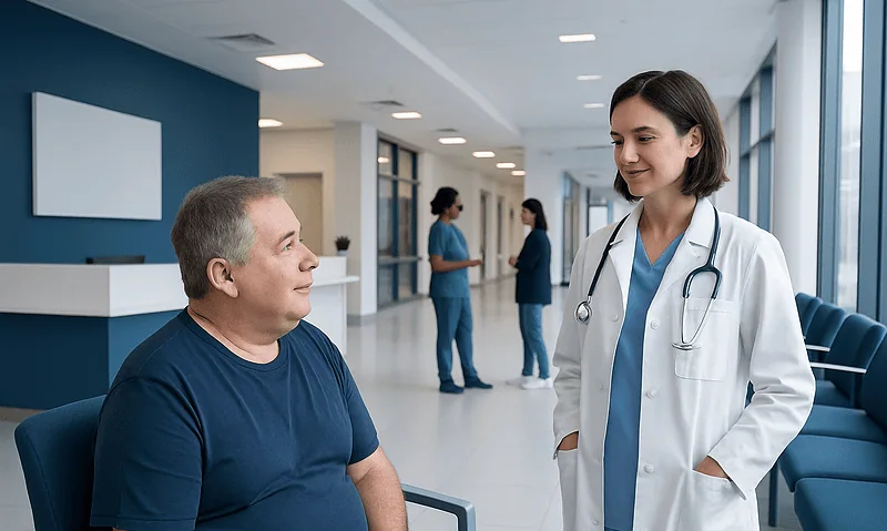 Doctor consulting with a patient in a hospital corridor.