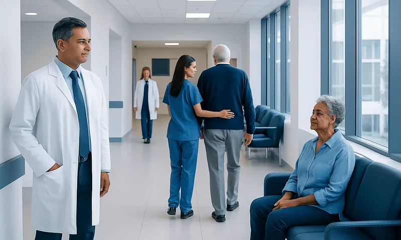 Hospital corridor with medical staff and patient in a healthcare setting.