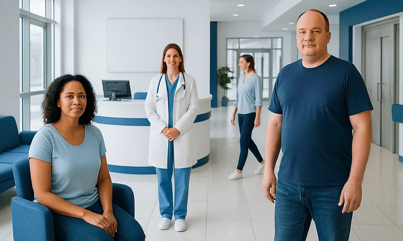 Diverse group of patients and doctor in a modern hospital lobby.