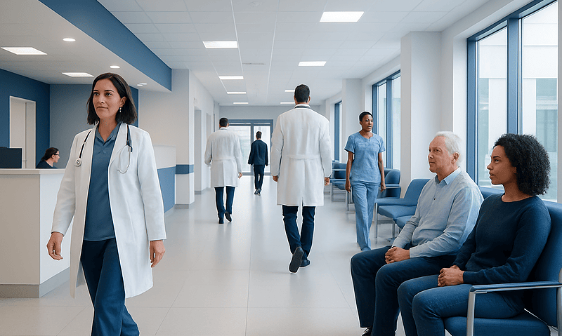 Modern hospital corridor with doctors and patients in a healthcare setting.
