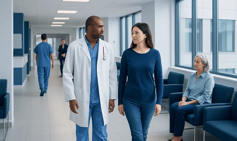 Doctor and patient walking in hospital corridor with waiting area.