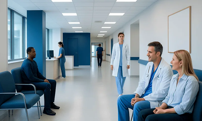 Hospital waiting area with patients and medical staff in a modern facility.