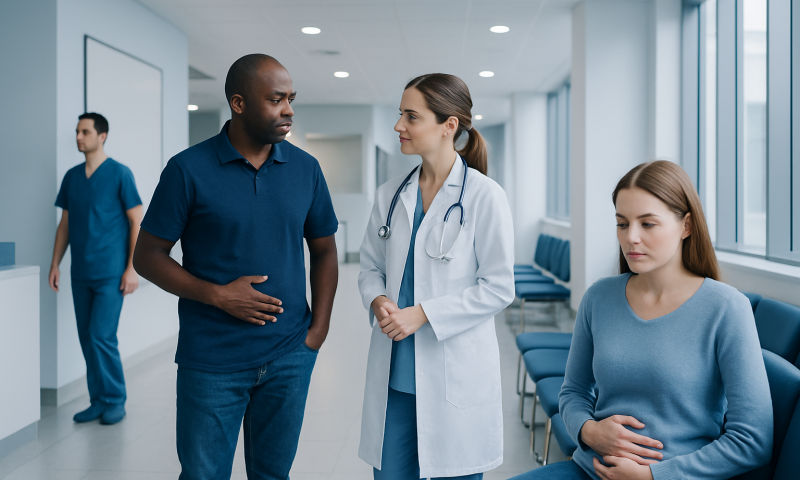 Doctor consulting with patient in hospital corridor at Acibadem Hospitals Group.
