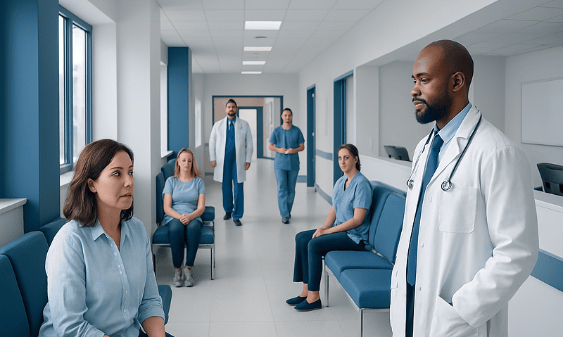 Doctor consulting with female patient in hospital corridor with medical staff.