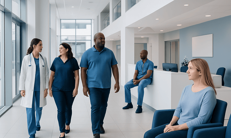 Hospital staff and patient in a modern healthcare facility.