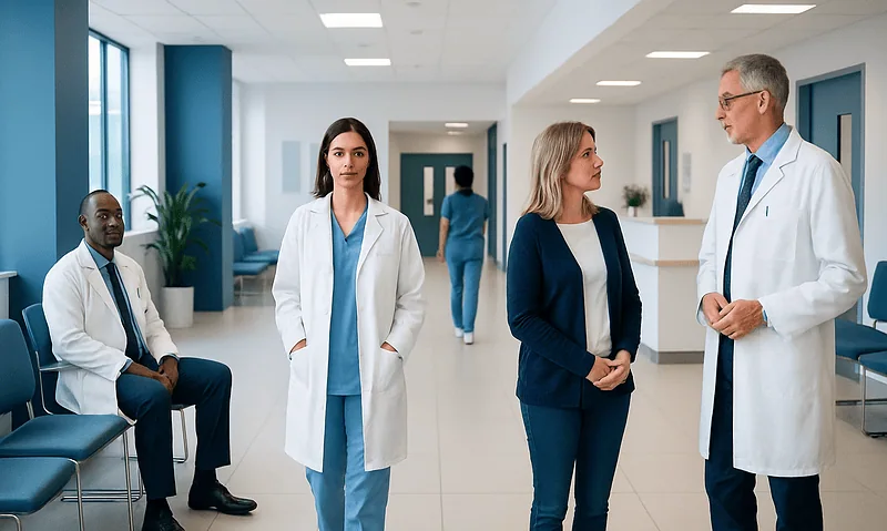 Medical professionals and a patient in a hospital corridor.
