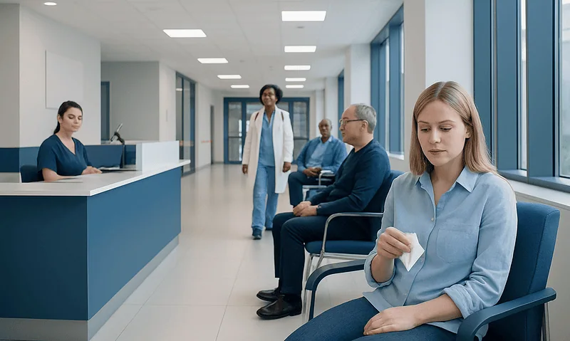 Patients waiting in a modern hospital corridor with a nurse at reception.