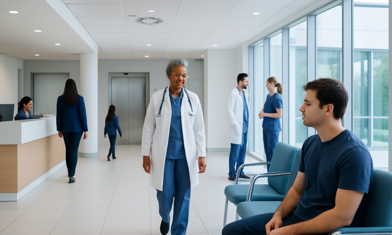 Hospital corridor with medical staff and patient waiting area.