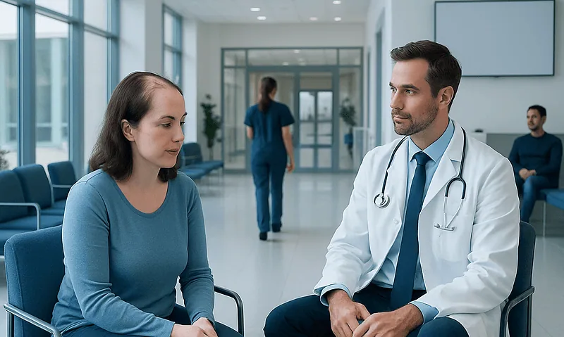 Doctor consulting a woman in a modern hospital waiting area.