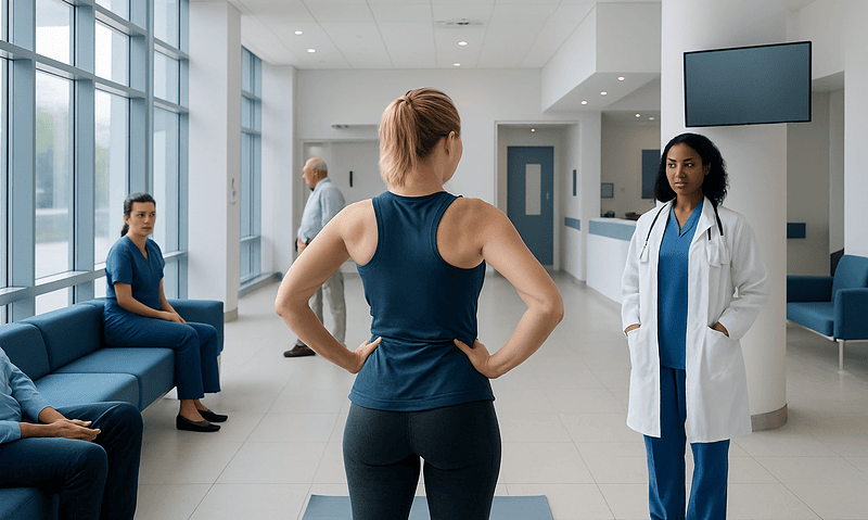 Patient consulting with doctor in hospital waiting area.