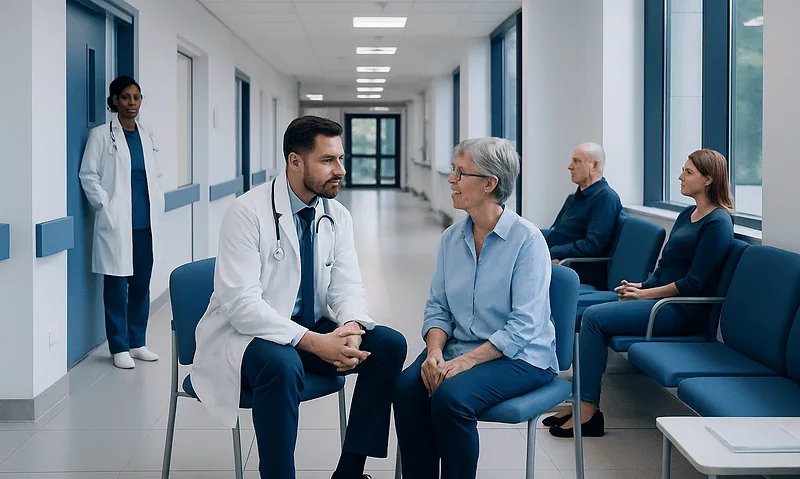Doctor consulting elderly patient in hospital corridor with waiting area.