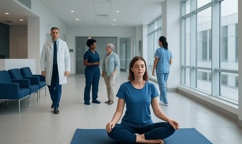 Young woman practicing yoga meditation in hospital corridor with medical staff nearby.