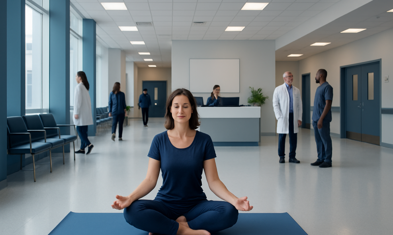 Woman practicing yoga meditation in hospital corridor for stress relief.