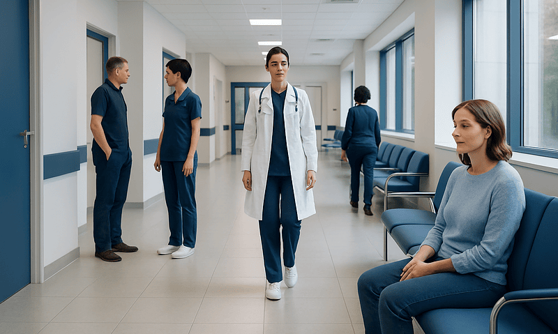Medical staff and patient in hospital corridor at Acibadem Hospitals Group.