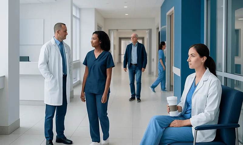 Medical staff and patient in hospital corridor at Acibadem Hospitals Group.