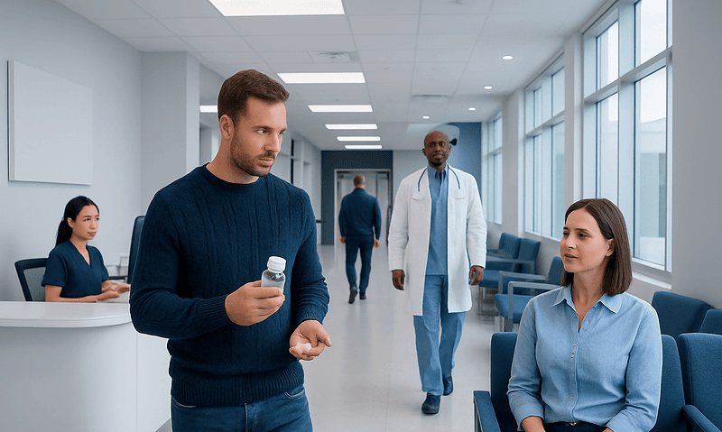 Patient receiving medication consultation in hospital corridor.