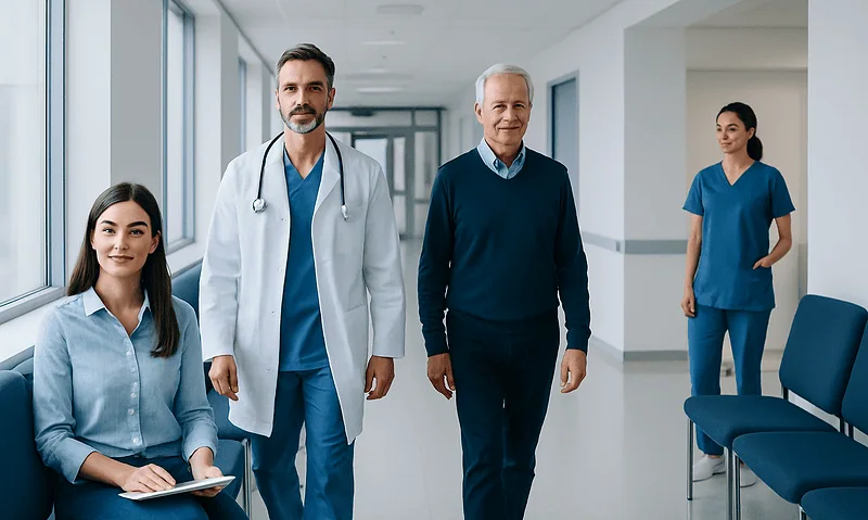 Medical team walking in hospital corridor at Acibadem Hospitals Group.