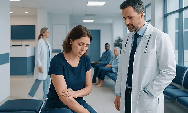 Doctor examining a patient's arm in a hospital corridor.