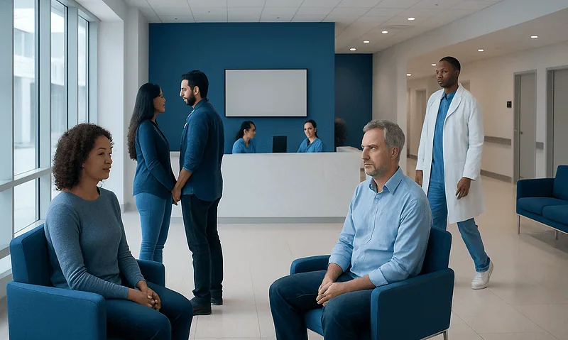 Patients waiting in a hospital lobby with medical staff nearby.