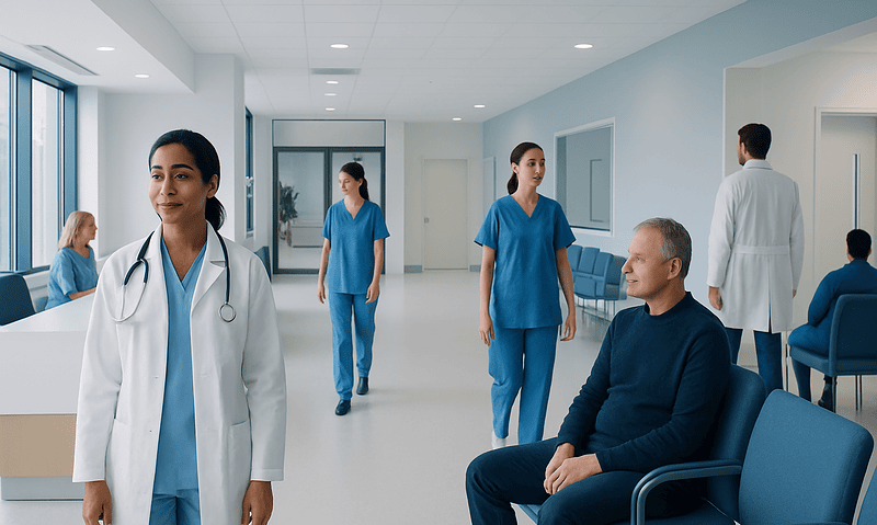 Healthcare professionals and patients in a modern hospital corridor.