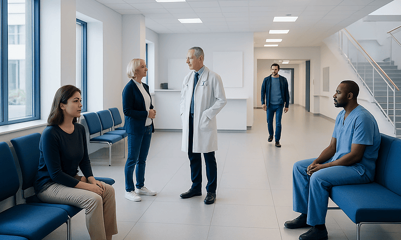 Medical consultation in a hospital waiting area with diverse patients and staff.