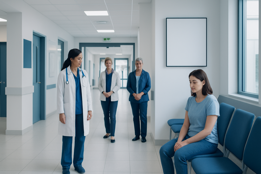 Can You Pee with a Tampon in? Causes, Explanations, and Next Steps 1 Medical consultation in hospital corridor with female patient and doctors.