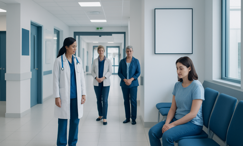 Medical consultation in hospital corridor with female patient and doctors.