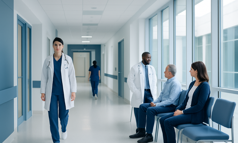 Healthcare professionals and patients in a modern hospital corridor.