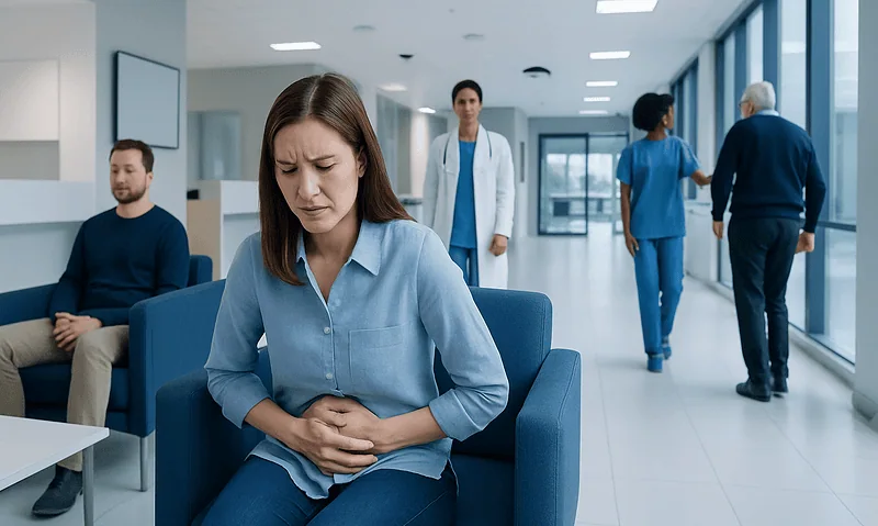 Woman experiencing stomach pain in a hospital waiting area.