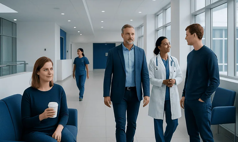 Medical professionals and patient in a modern hospital corridor.